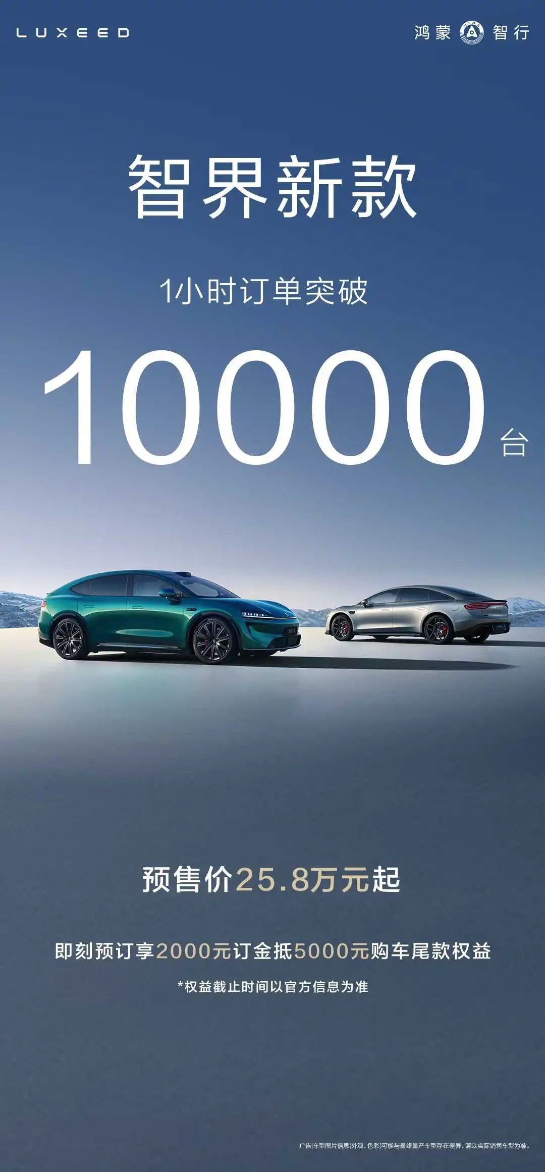 鴻蒙智行智界新款雙7車型預(yù)售1小時(shí)小訂突破10000臺(tái)